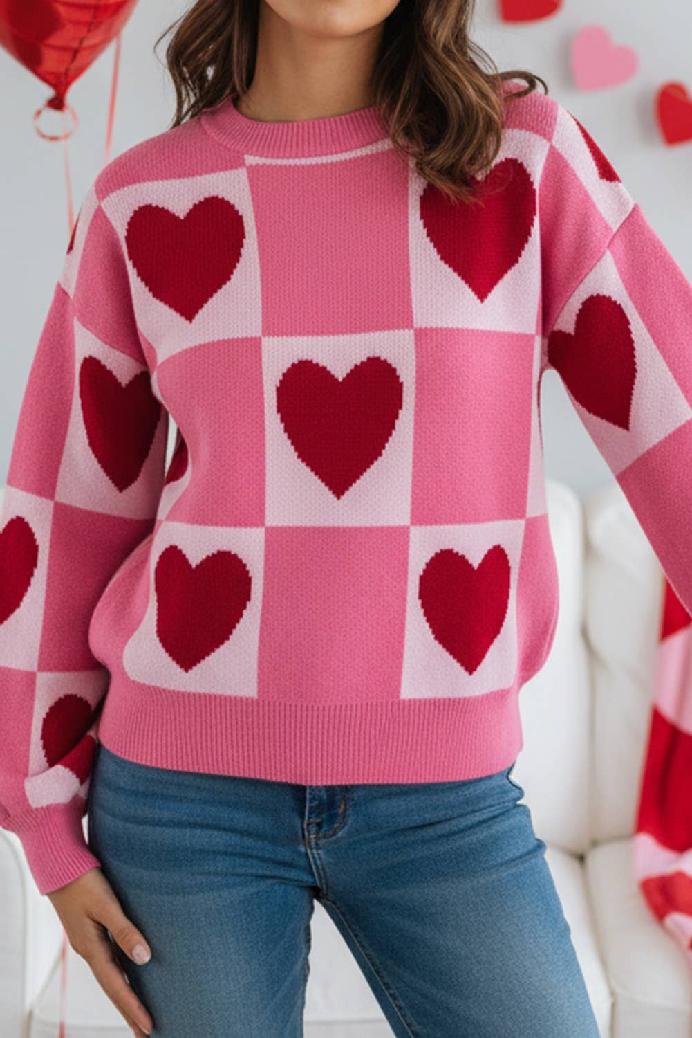 Heart Checkered Valentine Day Crew Neck Sweater